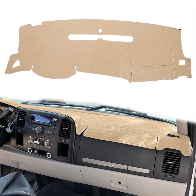 HanLanKa Dashboard Cover for GMC Sierra and Chevrolet Silverado- Fits 2007-2013 Models with Two Glove Boxes. Custom Fit Dash Mat, Won't Break Dash Sensors(Premium Carpet, Beige) - Image 1